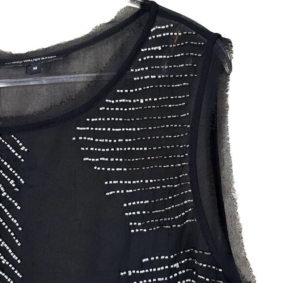 W118 Walter Baker Beaded Metallic Sheer Frayed Hem Tank Top Black Silver Size M - Picture 5 of 11